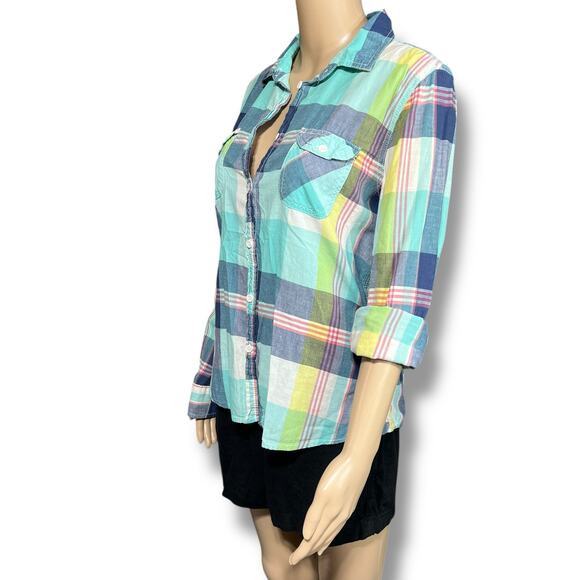 American Eagle Womens Plaid Button Down Shirt Long Sleeves Collared Large - Picture 5 of 7